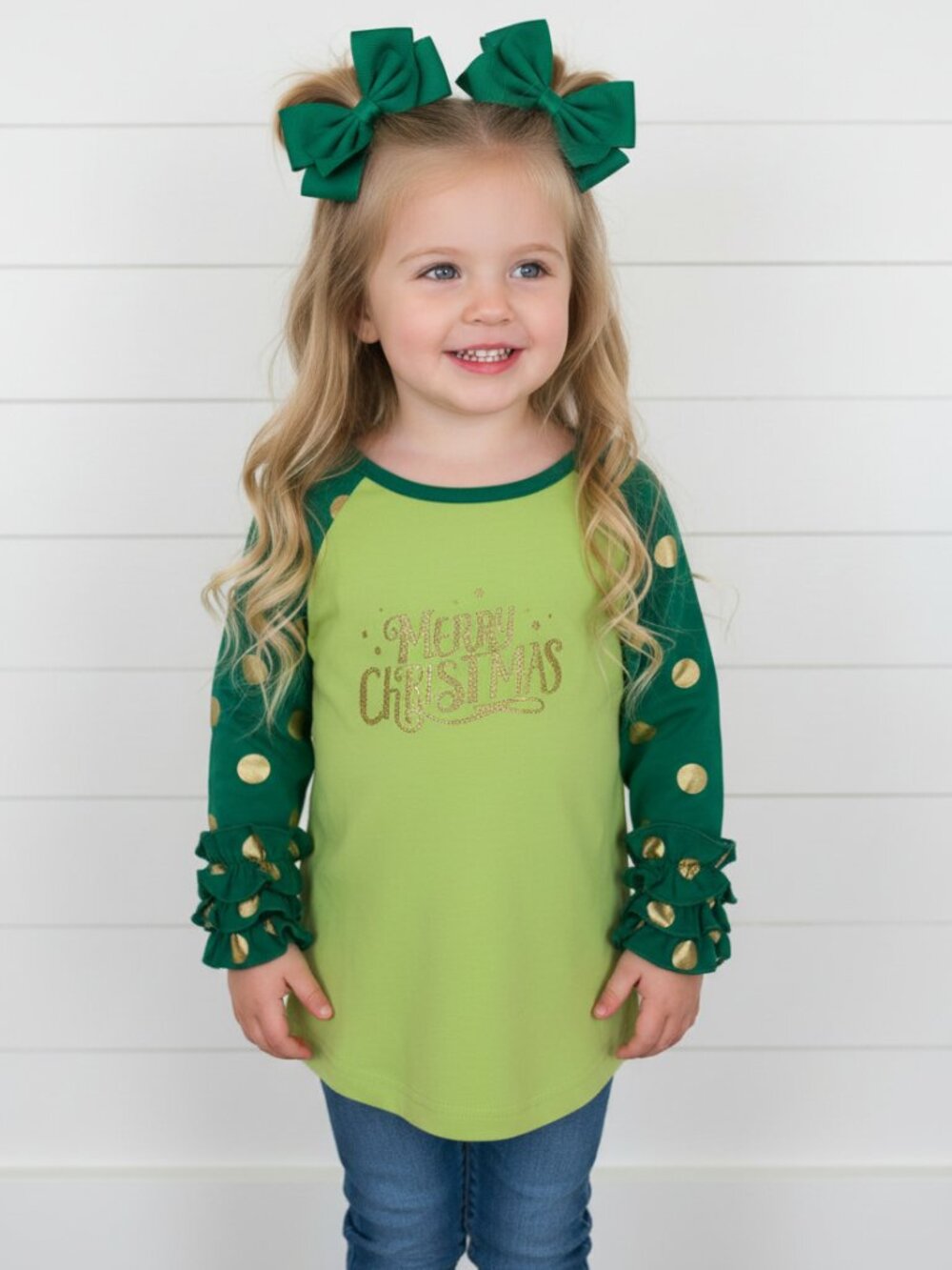 Green/Gold Polka Dot Merry Christmas Raglan Ruffle Shirt, NWT